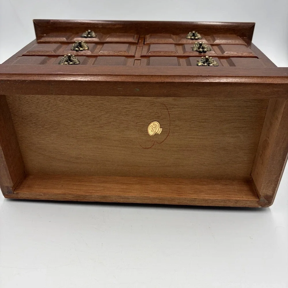 Vtg Brown Wood Rectangle Jewelry Box Organizer w/ Drawers Music Box MCM Cottage